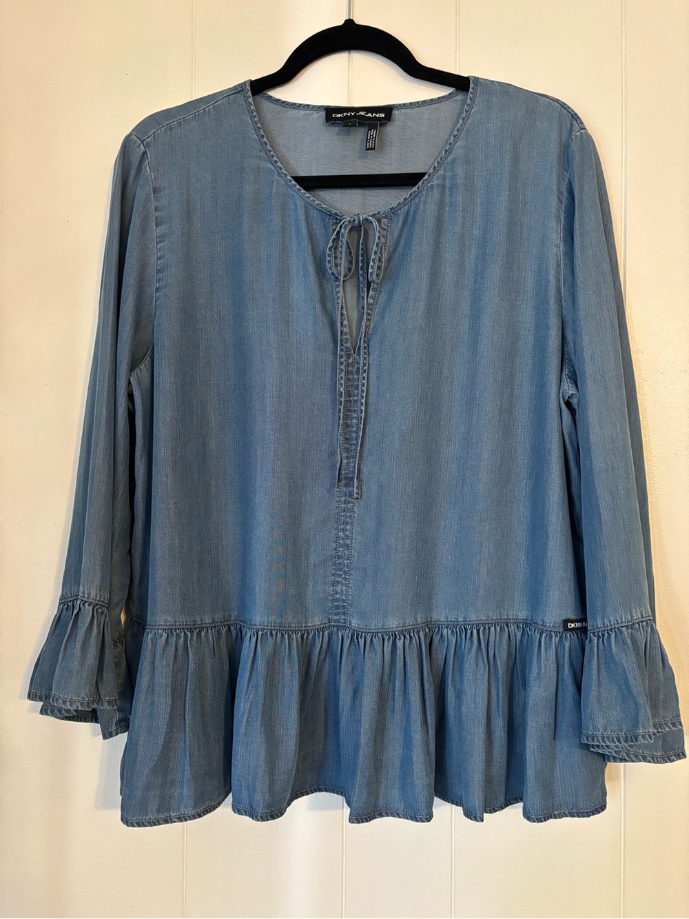 DKNY Light Blue denim Tie-Neck blouse with Ruffled Hem